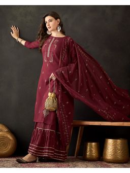 KVS FAB - Women Cotton Embroidered Maroon Kurta with Sharara and Dupatta