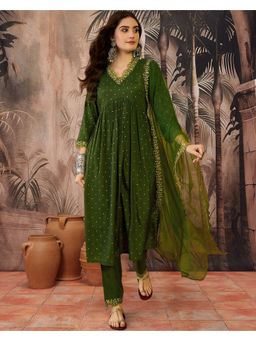 KVS FAB - Green Women Silk Blend Embroidered Kurta with Pant and Dupatta