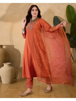 KVS FAB - Women Silk Blend Embroidery Orange Kurta with Pant and Dupatta