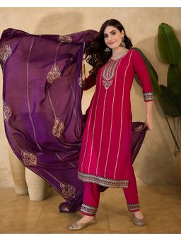 KVS FAB - Women Silk Blend Pink Embroidered Kurta with Pant and Dupatta