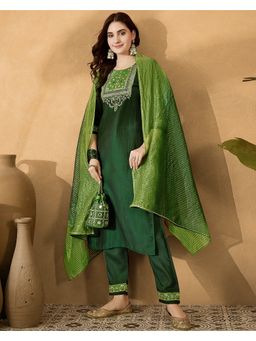 KVS FAB - Women Silk Blend Fabric Embroidered Green Kurta with Pant and Dupatta