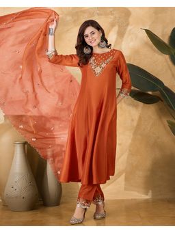KVS FAB - Women Silk Blend Embroidered Orange Kurta with Pant and Dupatta