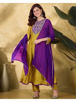 KVS FAB - Yellow Women Silk Blend Embroidered Kurta with Pant and Dupatta