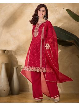 KVS FAB - Women Silk Blend Embroidered Red Kurta with Pant and Dupatta