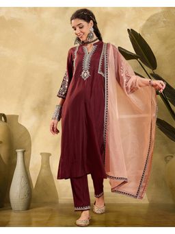 KVS FAB - Women Silk Blend Embroidered Maroon Kurta with Pant and Dupatta