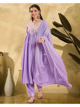 KVS FAB - Women Silk Blend Embroidered Lavender Kurta with Pant and Dupatta