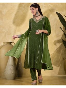 KVS FAB - Women Crepe Embroidered Green Kurta with Pant and Dupatta