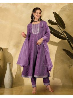 KVS FAB - Women Crepe Embroidered Purple Kurta with Pant and Dupatta