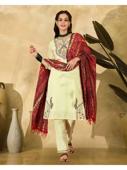 KVS FAB - Women Silk Blend Embroidered Off White Kurta with Pant and Dupatta