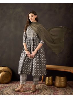 KVS FAB - Women Cotton Polka Dots Grey Kurta with Pant and Dupatta