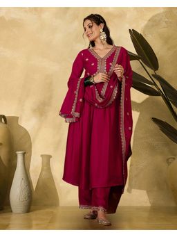 KVS FAB - Pink Women Silk Blend Embroidered Kurta with Pant and Dupatta