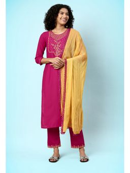 KVS FAB - Women Muslin Embroidered Pink Kurta with Pant and Dupatta