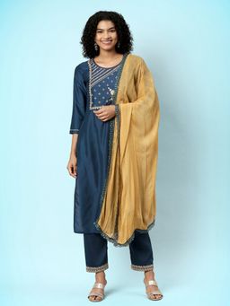 KVS FAB - Women Muslin Embroidered Blue Kurta with Pant and Dupatta