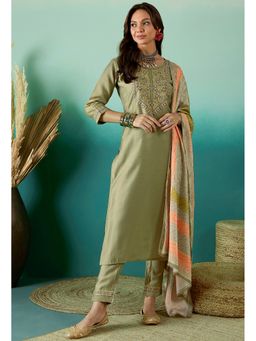 KVS FAB - Women Silk Embroidered Green Kurta with Pant and Dupatta