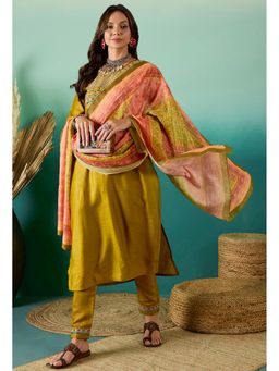 KVS FAB - Women Silk Embroidered Mustard Kurta with Pant and Dupatta
