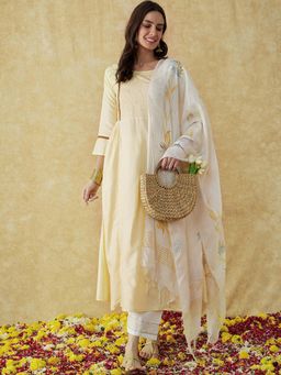 KVS FAB - Women Cotton Embroidered Cream Kurta with Pant and Dupatta