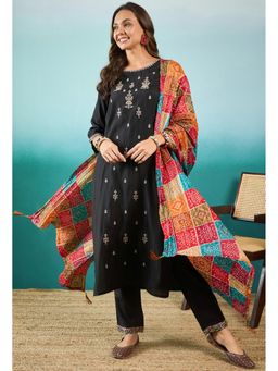 KVS FAB - Women Silk Blend Embroidered Black Kurta with Pant and Dupatta