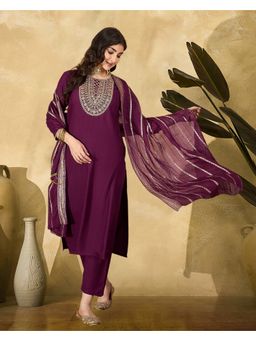 KVS FAB - Women Rayon Embroidered Wine Kurta with Pant and Dupatta