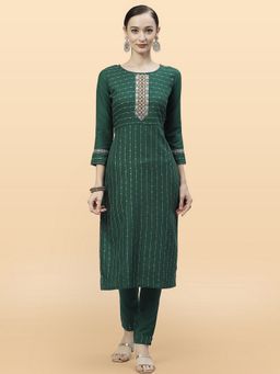 KVS FAB - Women Silk Embroidered Green Kurta with Pant