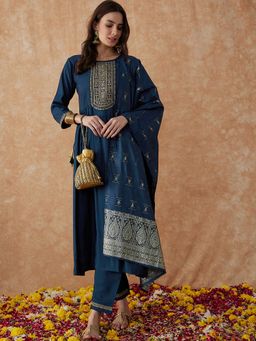 KVS FAB - Women Silk Embroidered Blue Kurta with Pant and Dupatta