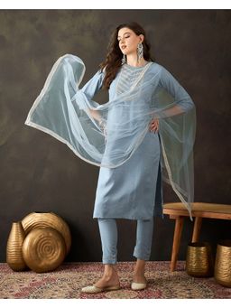 KVS FAB - Women Chinon Embroidered Grey Kurta with Pant and Dupatta