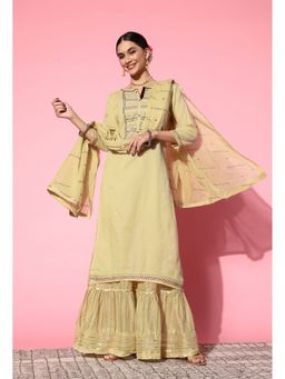 KVS FAB - Women Cotton Embroidered Cream Kurta with Sharara and Dupatta