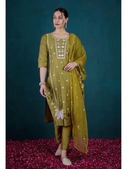 KVS FAB - Women Chanderi Embroidered Mustard Kurta with Pant and Dupatta