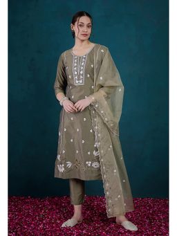 KVS FAB - Women Chanderi Embroidered Beige Kurta with Pant and Dupatta