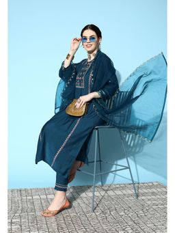 KVS FAB - Women Cotton Embroidered Teal Kurta with Pant and Dupatta