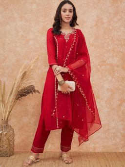 KVS FAB - Women Cotton Embroidered Red Kurta with Pant and Dupatta