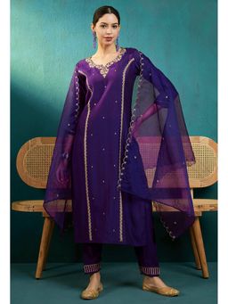 KVS FAB - Women Cotton Embroidered Purple Kurta with Pant and Dupatta