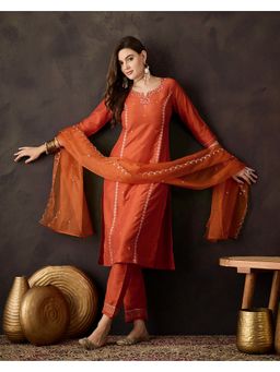 KVS FAB - Women Silk Embroidered Orange Kurta with Pant and Dupatta