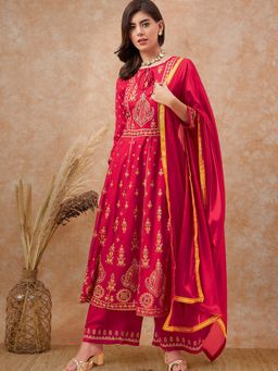 KVS FAB - Women Rayon Embroidered Red Kurta with Palazzo and Dupatta