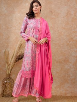 KVS FAB - Women Silk Blend Printed Pink Kurta with Sharara and Dupatta