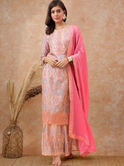 KVS FAB - Women Silk Blend Printed Peach Kurta with Sharara and Dupatta
