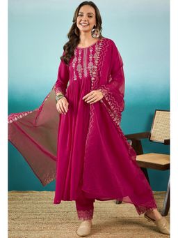 KVS FAB - Women Silk Blend Fabric Embroidered Pink Kurta with Pant and Dupatta