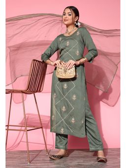 KVS FAB - Women Cotton Embroidered Green Kurta with Pant and Dupatta