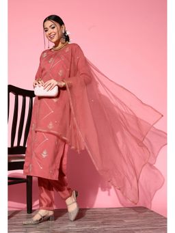 KVS FAB - Women Cotton Embroidered Rust Kurta with Pant and Dupatta