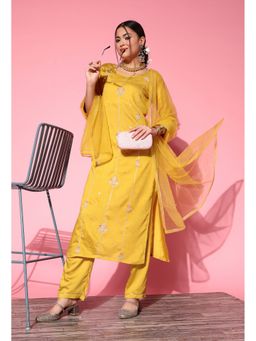 KVS FAB - Women Cotton Embroidered Yellow Kurta with Pant and Dupatta