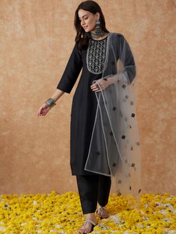 KVS FAB - Women Cotton Blend Embroidered Black Kurta with Pant and Dupatta