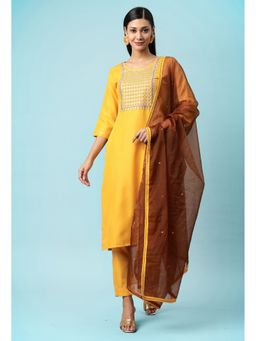 KVS FAB - Women Cotton Embroidered Mustard Kurta with Pant and Dupatta