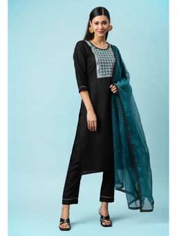 KVS FAB - Women Cotton Embroidered Black Kurta with Pant and Dupatta