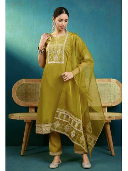 KVS FAB - Women Silk Embroidered Mustard Kurta with Pant and Dupatta
