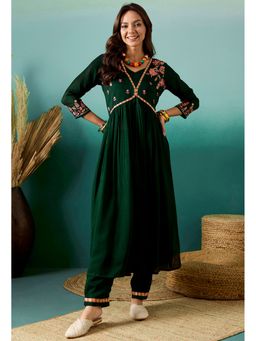 KVS FAB - Women Silk Blend Embroidered Green Kurta with Pant