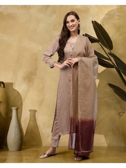 KVS FAB - Women Cotton Embroidered Brown Kurta with Pant and Dupatta