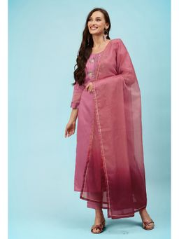 KVS FAB - Women Cotton Embroidered Pink Kurta with Pant and Dupatta