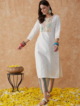 KVS FAB - Women Silk Blend Embroidered Off White Kurta with Pant