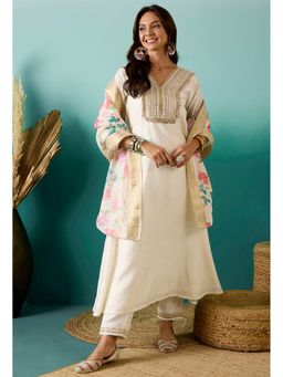 KVS FAB - Women Silk Blend Embroidered Off White Kurta with Pant and Dupatta