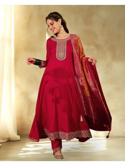 KVS FAB - Women Silk Blended Embroidered Red Kurta with Pant and Dupatta