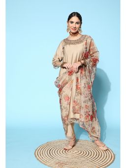 KVS FAB - Women Viscose Rayon Embroidered Beige Kurta with Pant and Dupatta